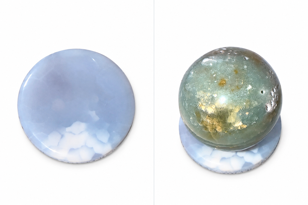 Green Aventurine Sphere & Flower Agate Holder Set
