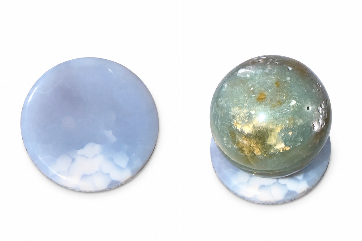 Green Aventurine Sphere & Flower Agate Holder Set