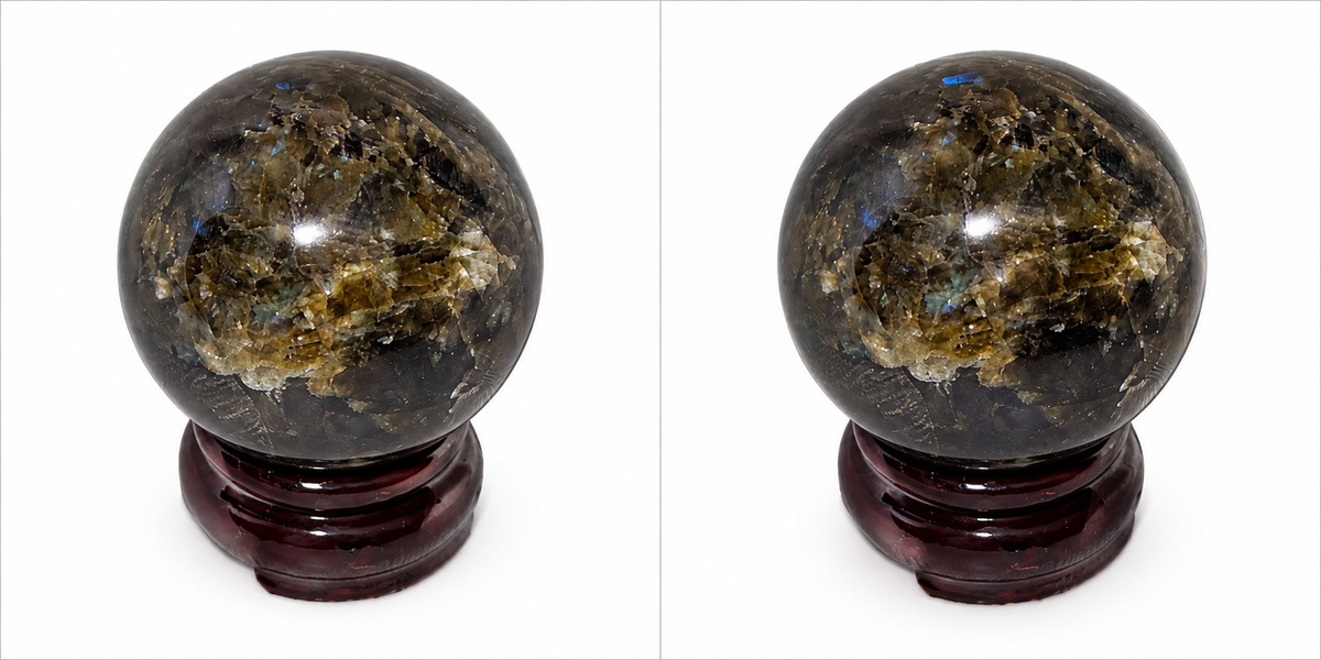 Black Moonstone Sphere with Wood Display Stand