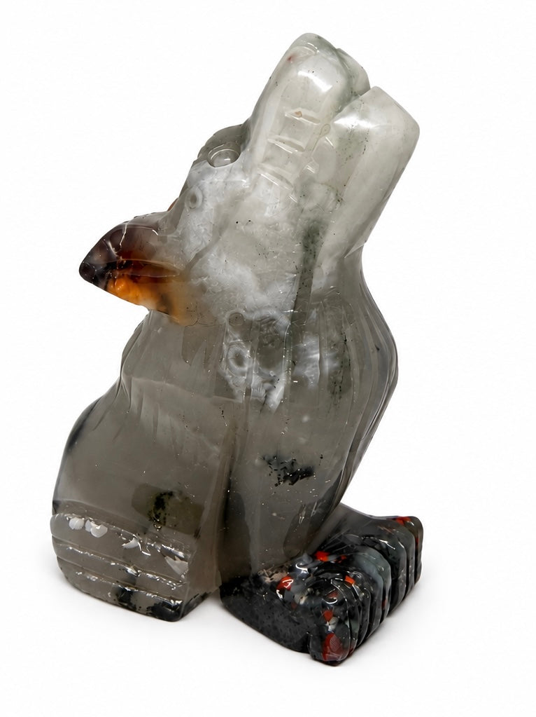 Bloodstone and Clear Quartz Wolf Carving