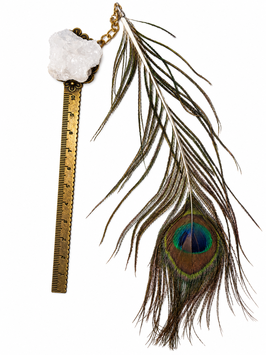 Raw Crystal Bookmark with Peacock Feather