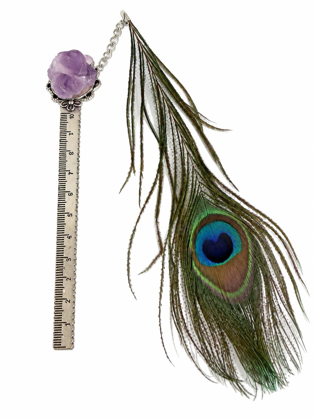 Raw Crystal Bookmark with Peacock Feather