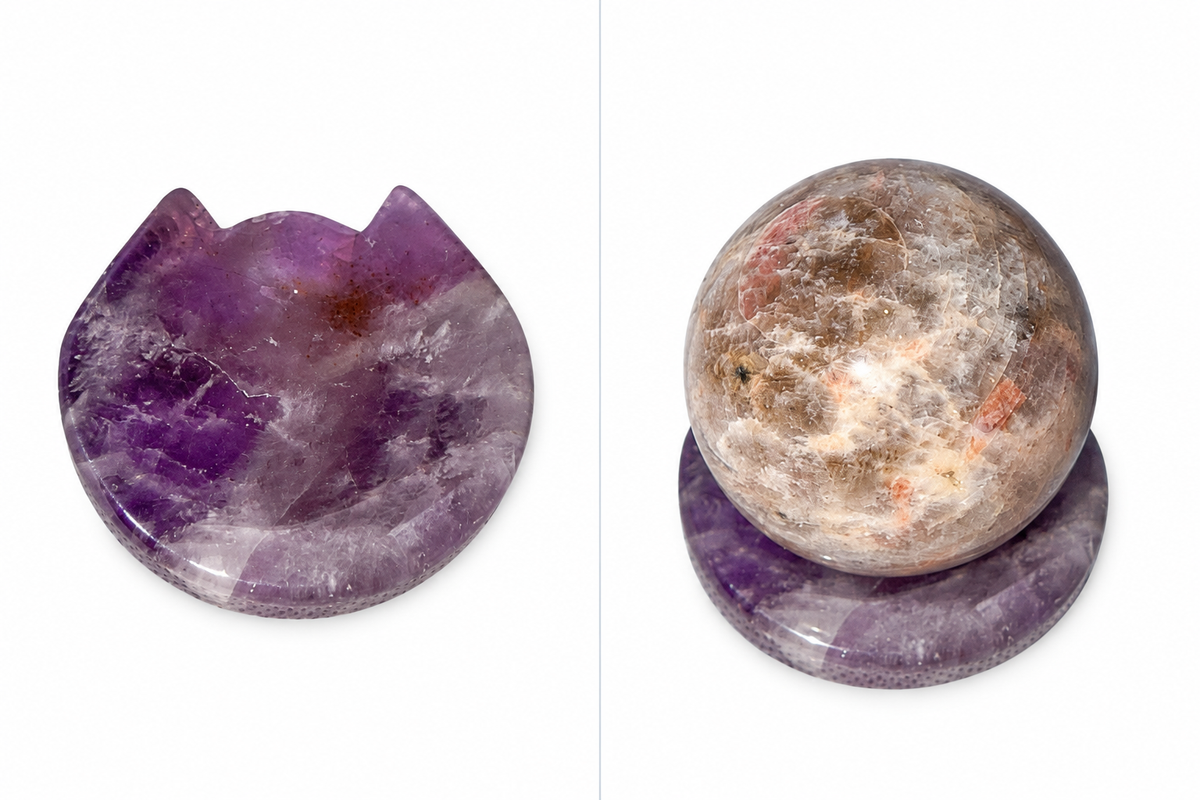Moonstone Sphere & Purple Fluorite Holder Set