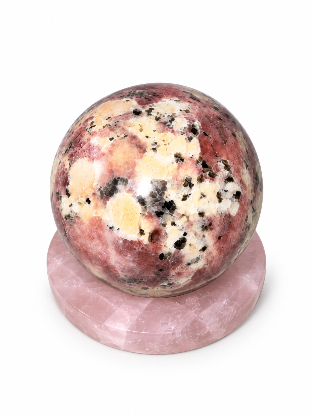 Peach Blossom Jade Sphere & Rose Quartz Holder Set
